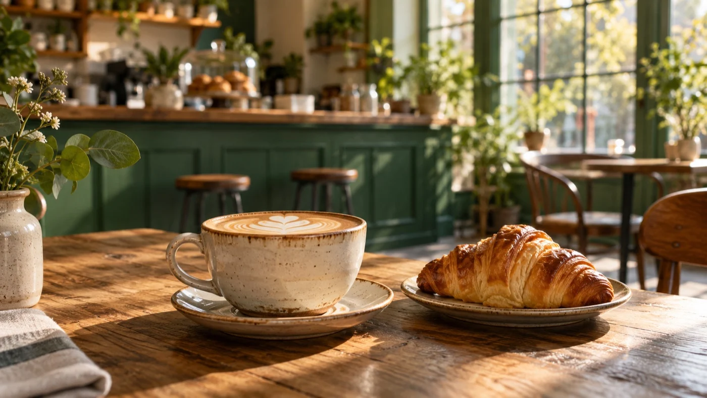 Illustrative café scene with coffee and a croissant